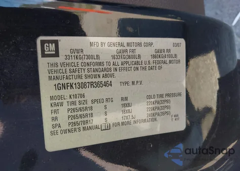 2007 Chevrolet Tahoe Lt из США, поврежденный, VIN 1GNFK13087R365464